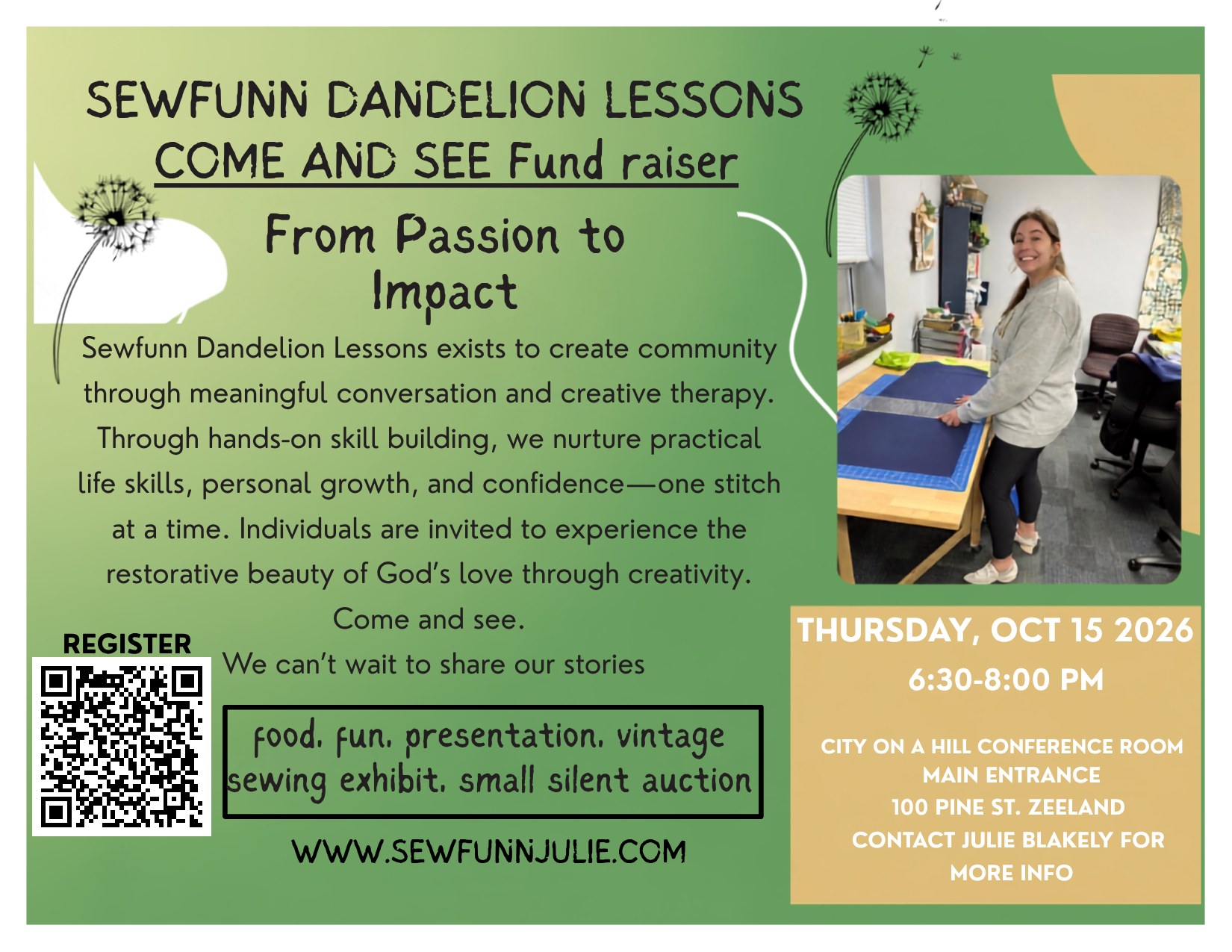 Come and See fundraiser - From Passion to Impact. Thursday October 15, 2026, 6:30 to 8:00 PM at the City on a Hill conference room, main entrance, 100 Pine St. Zeeland. Food, presentation, vintage sewing exhibit, and a small silent auction. Contact Julie Blakely for more info.